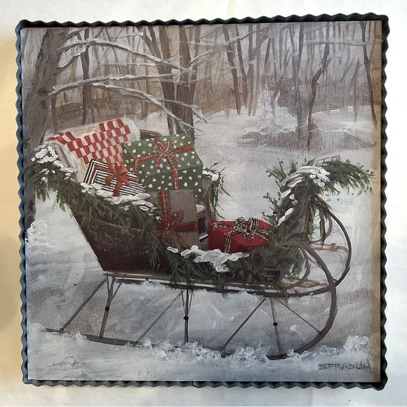 Christmas Gifts Sled Snow Scene Painted Wood Metal Plaque Picture Wall Shelf Art - Picture 2 of 4